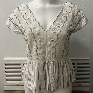 Anthropologie White V-Neck Sequin Embroidered Crochet Blouse Women’s XS